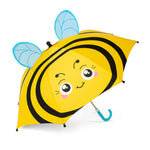 Yellow umbrella with a bee design on a white background