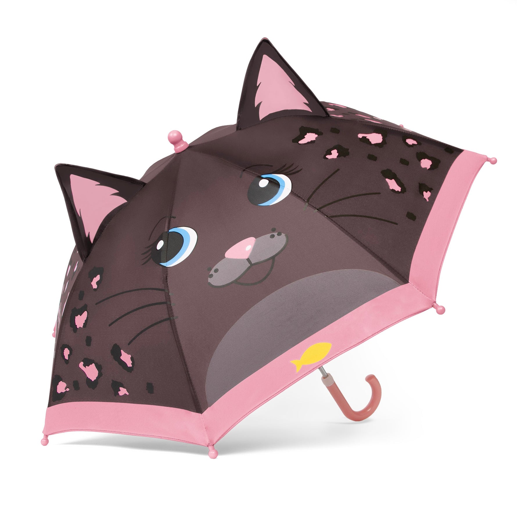 Cat-shaped umbrella with pink interior on a white background