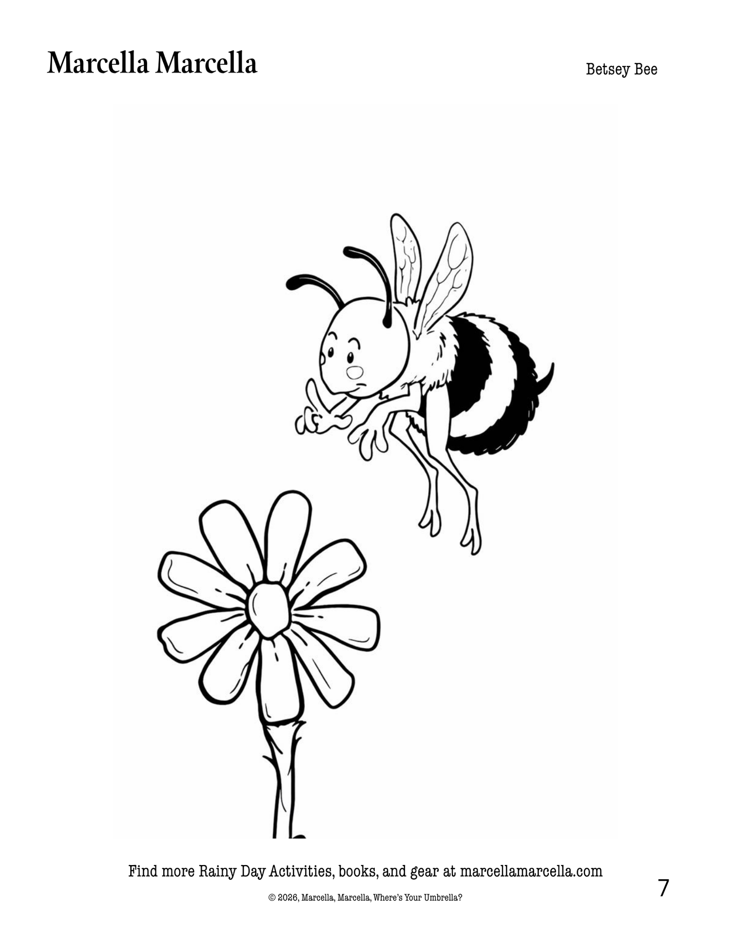 Black and white illustration of a bee and flower with 'Marcella Marcella' branding.