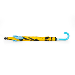 Yellow and black striped umbrella with blue handle and canopy on a white background