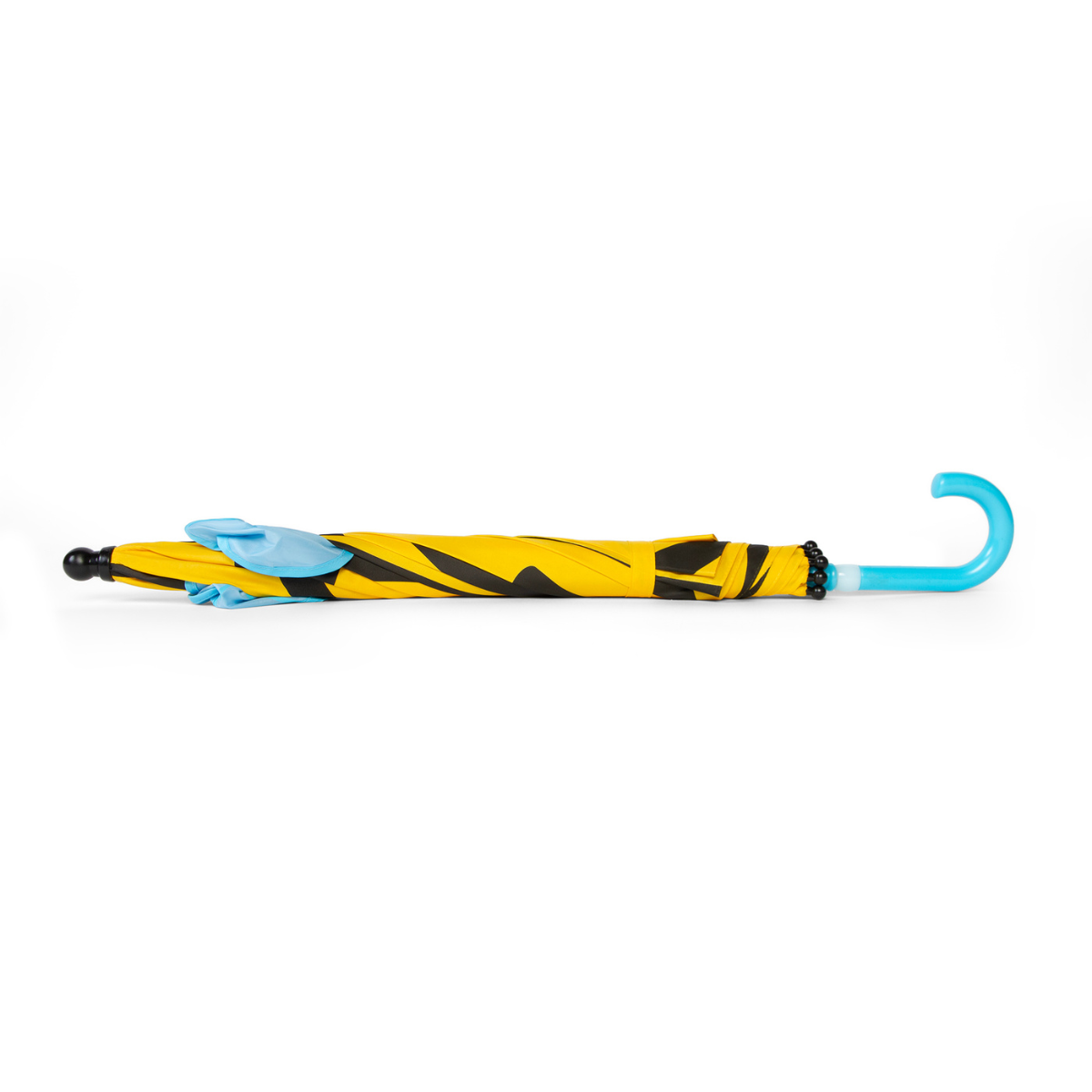Yellow and black striped umbrella with blue handle and canopy on a white background