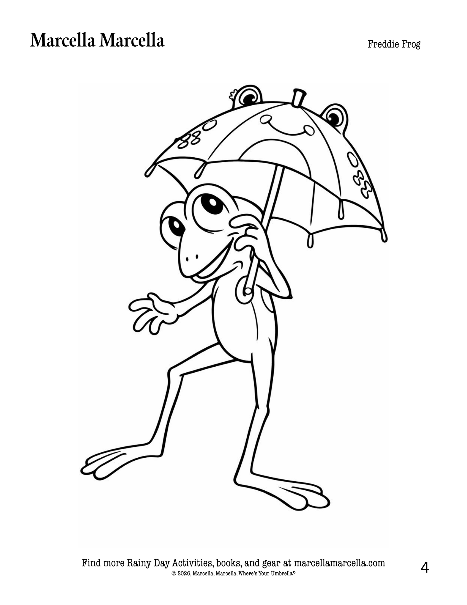 Coloring page of a frog character named Freddie Frog holding an umbrella, with branding information at the top.