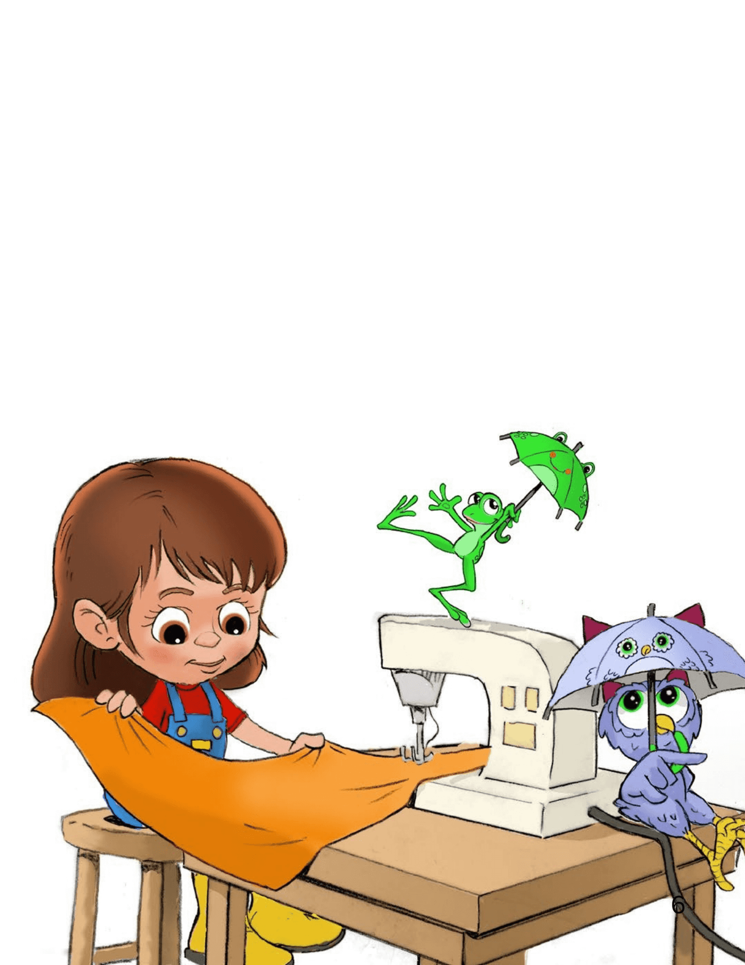 Cartoon girl sewing with a green frog and purple creature with an umbrella nearby.