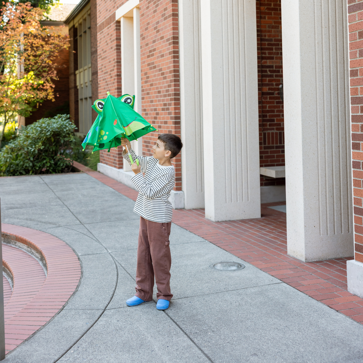 Child holding a green umbrella with a frog design on a sidewalk.
