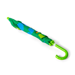 Colorful umbrella with a green handle on a white background