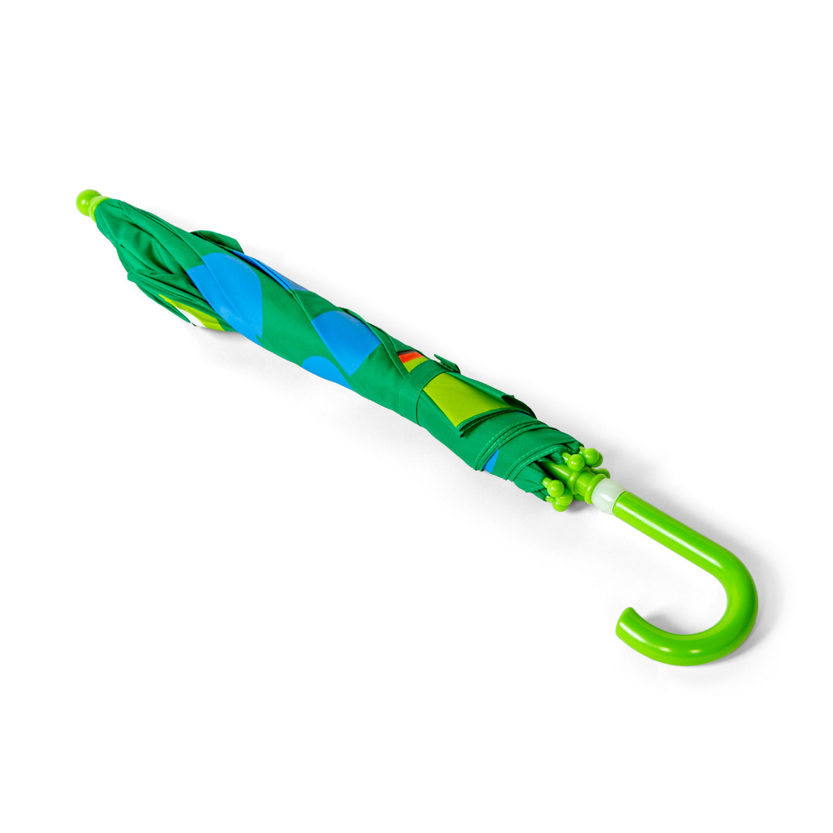 Colorful umbrella with a green handle on a white background