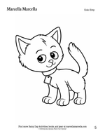 Black and white line drawing of a kitten with a tag on a white background, featuring the brand 'Marcella Marcella'.