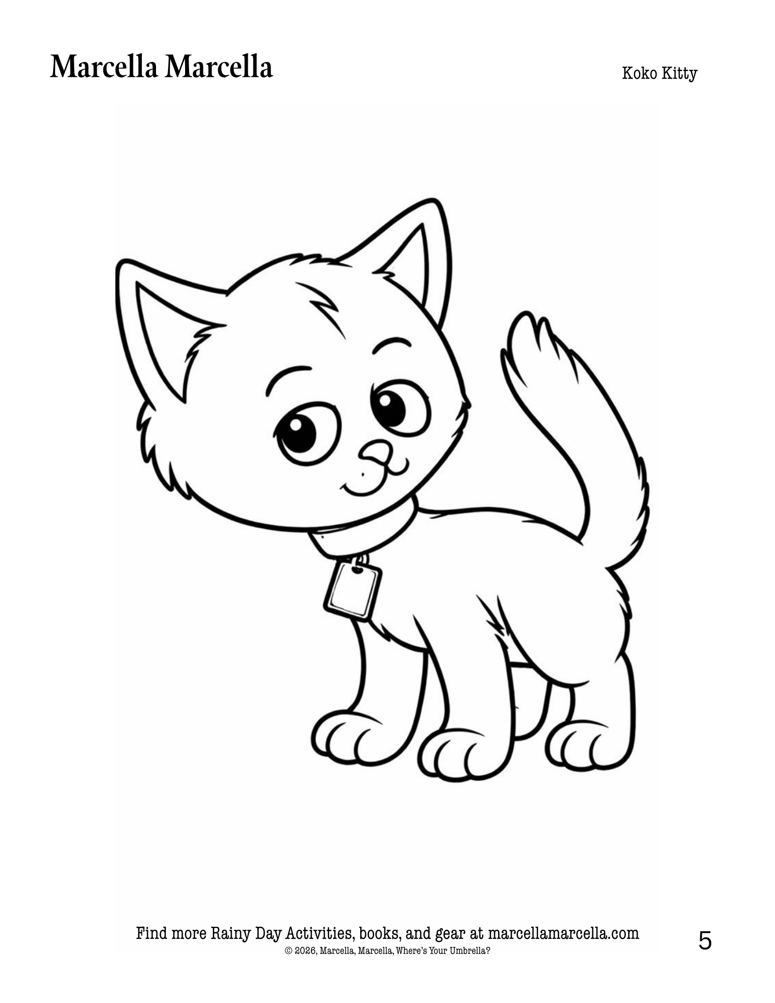 Black and white line drawing of a kitten with a tag on a white background, featuring the brand 'Marcella Marcella'.