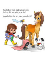 Cartoon scene with a girl, horse, dog, and cat making an umbrella.