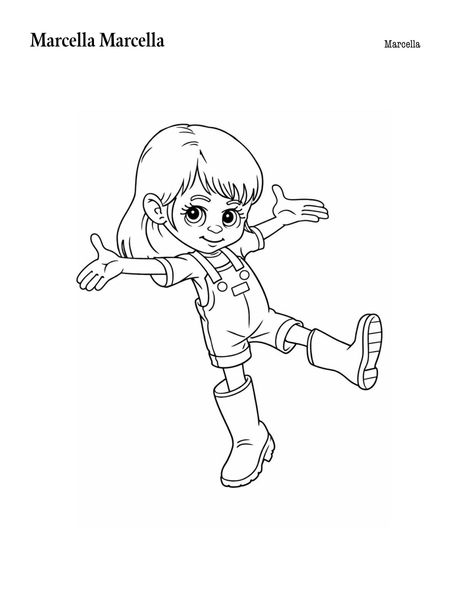 Black and white line drawing of a character in overalls and boots on a white background.