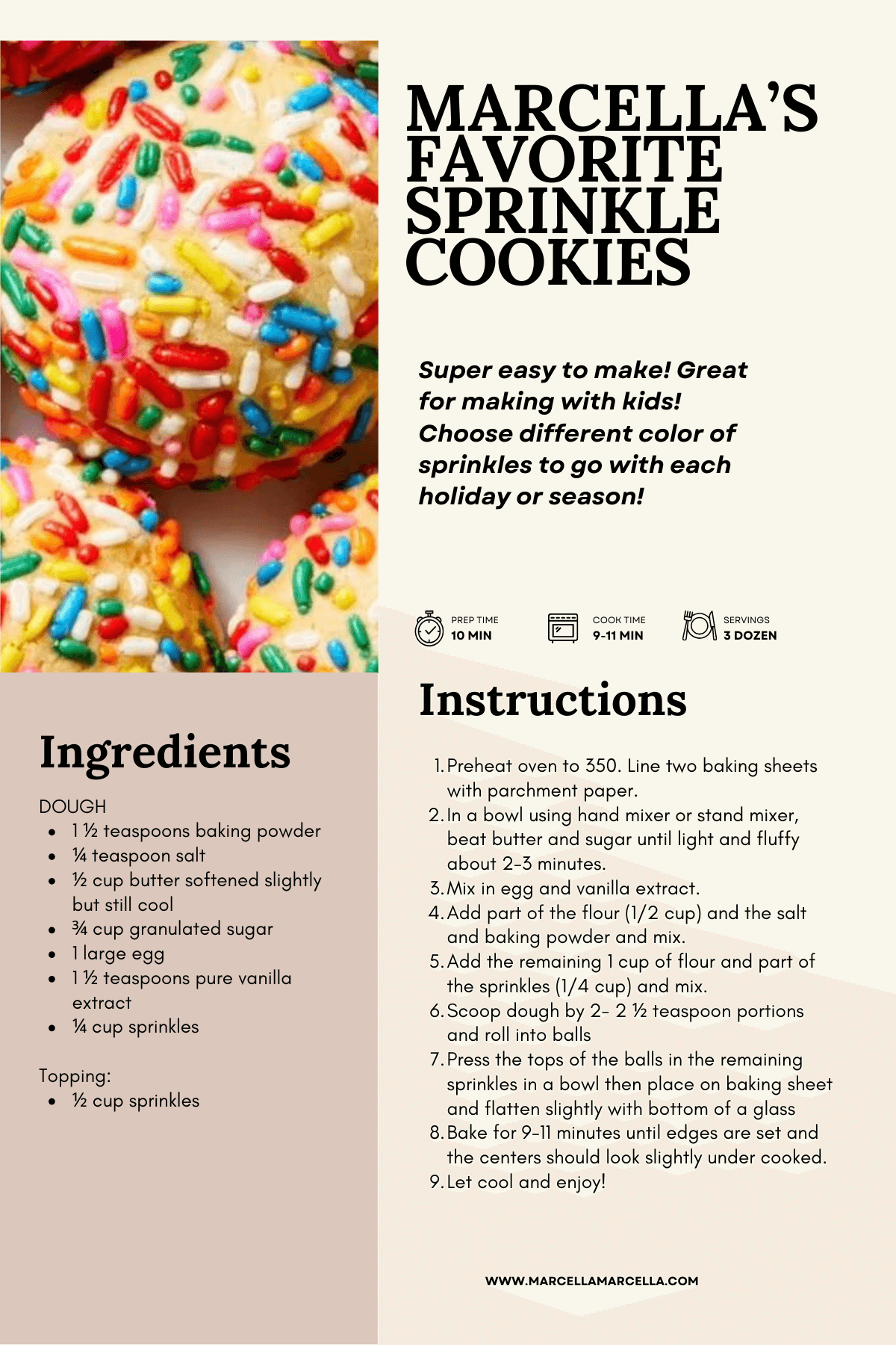 Recipe card for Marcella's Favorite Sprinkle Cookies with colorful cookies and text.