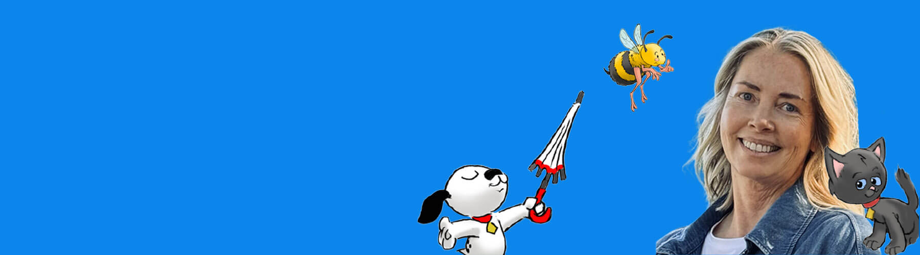 Cartoon dog with a sword, bee, and person with cat on blue background
