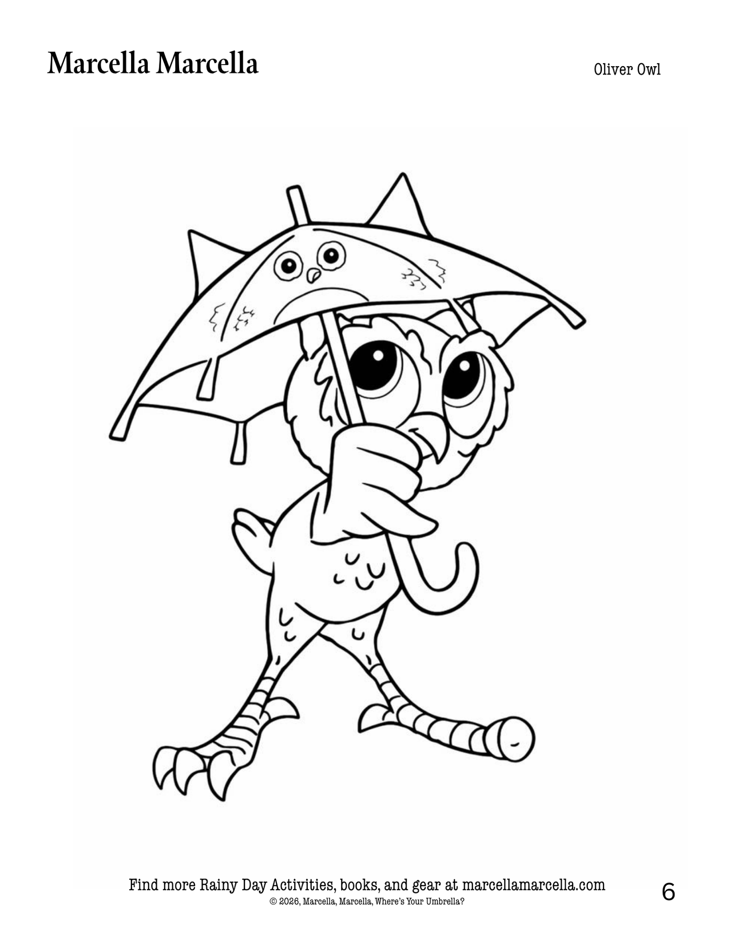 Coloring page of an owl character with an umbrella, from 'Marcella Marcella' series.