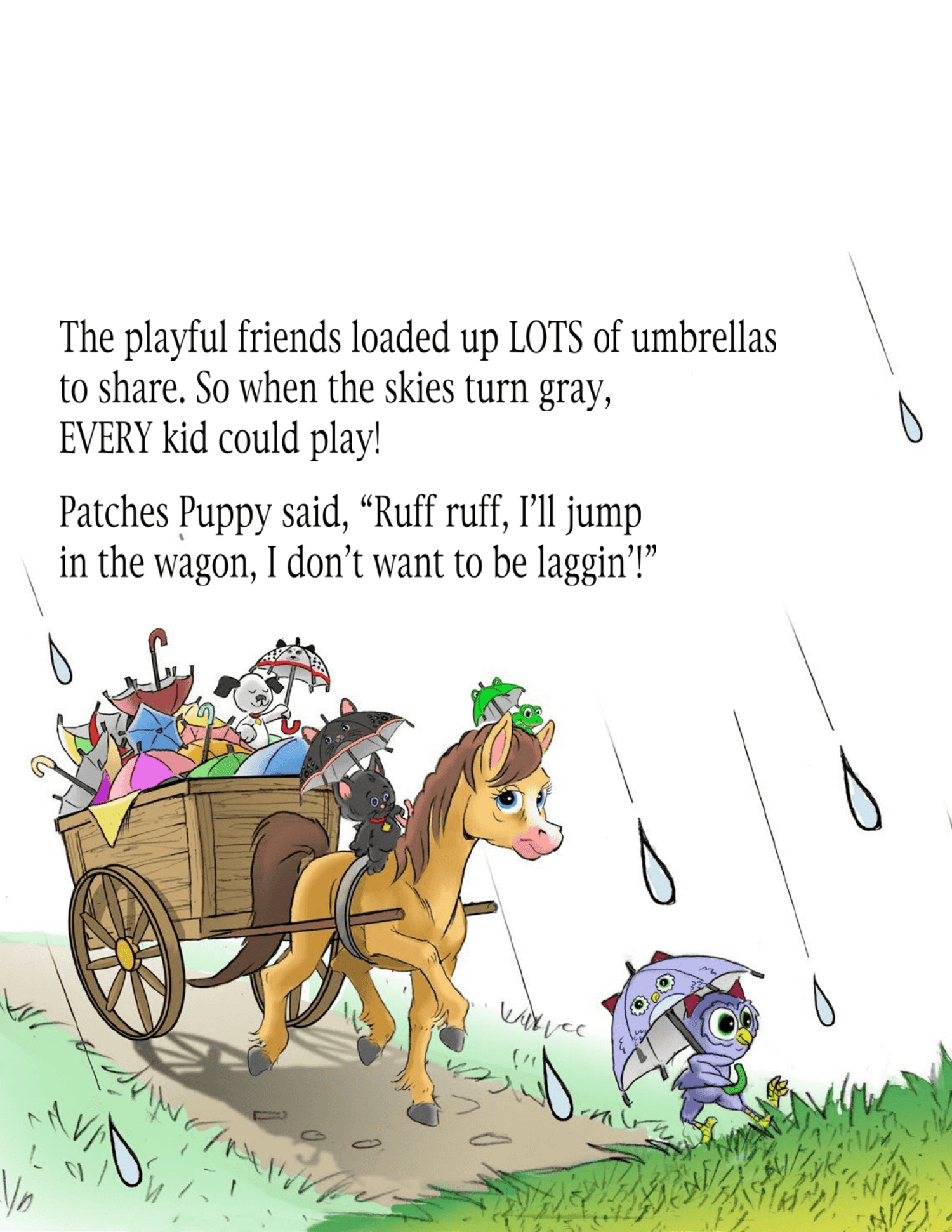 Cartoon scene with a horse-drawn cart and children with umbrellas in the rain.