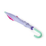 Umbrella with a light purple canopy and a mint green handle on a white background