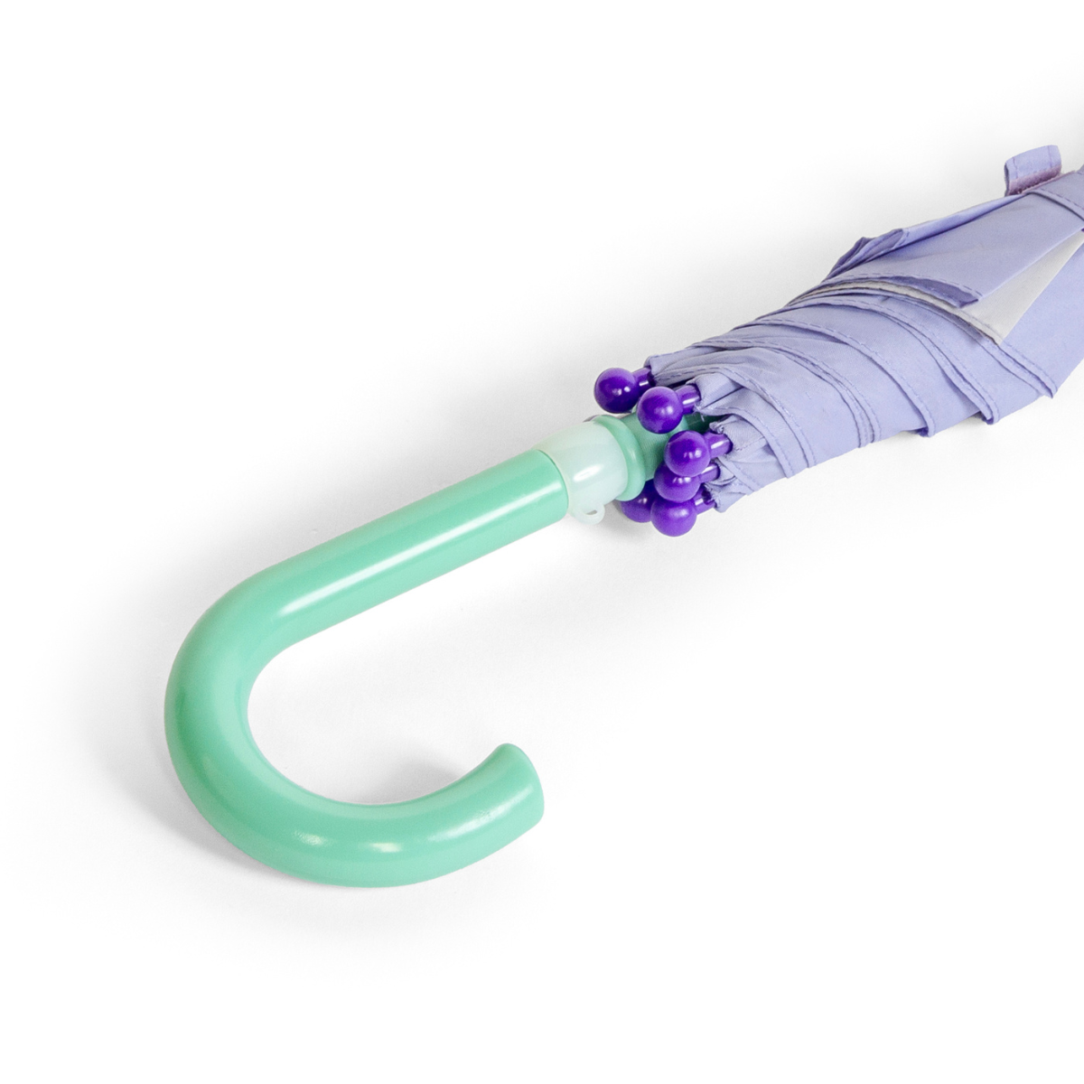 Purple umbrella with a green handle on a white background