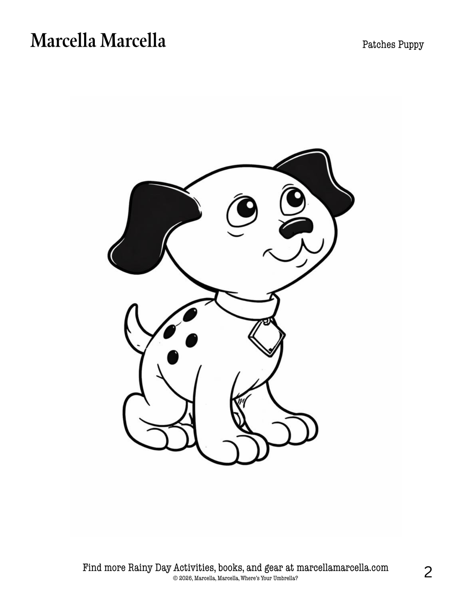 Black and white line drawing of a puppy on a white background with 'Marcella Marcella' branding.