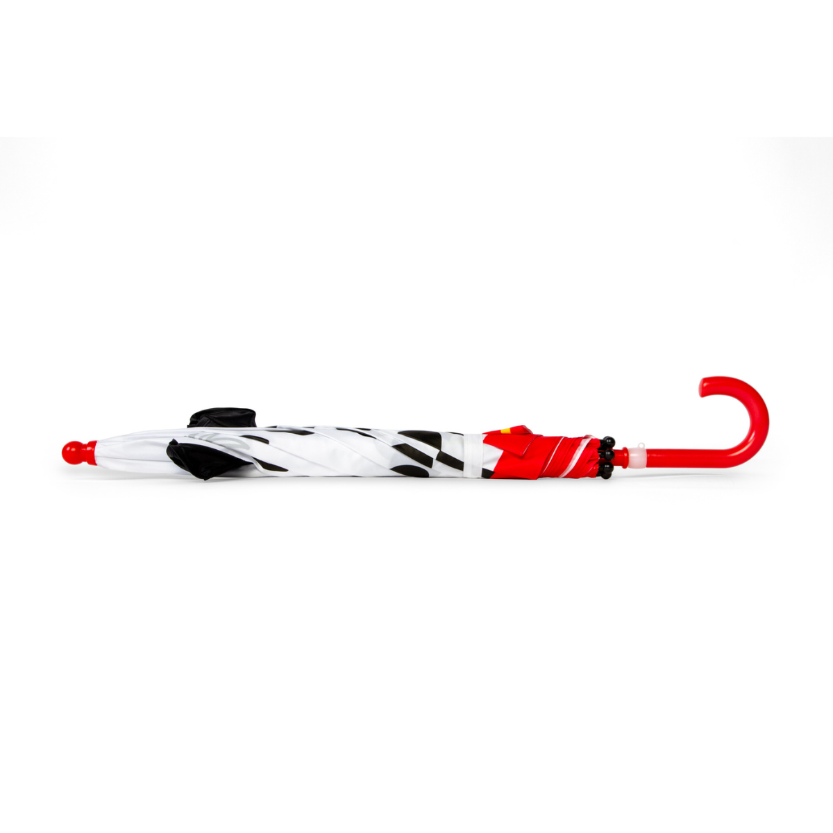 Colorful umbrella with a red handle on a white background