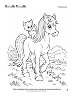 Coloring page with a horse and a cat on its back, set against a simple landscape.