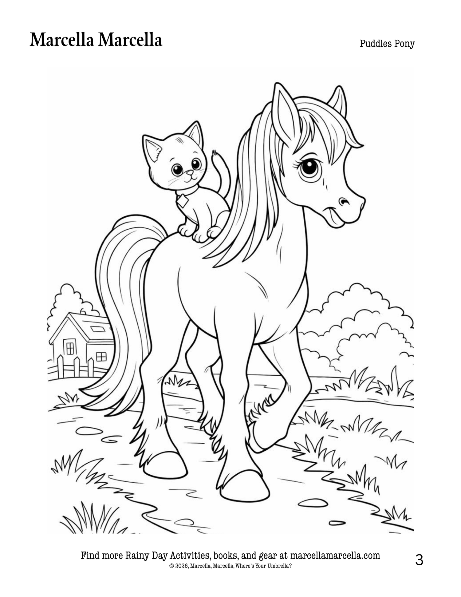 Coloring page with a horse and a cat on its back, set against a simple landscape.