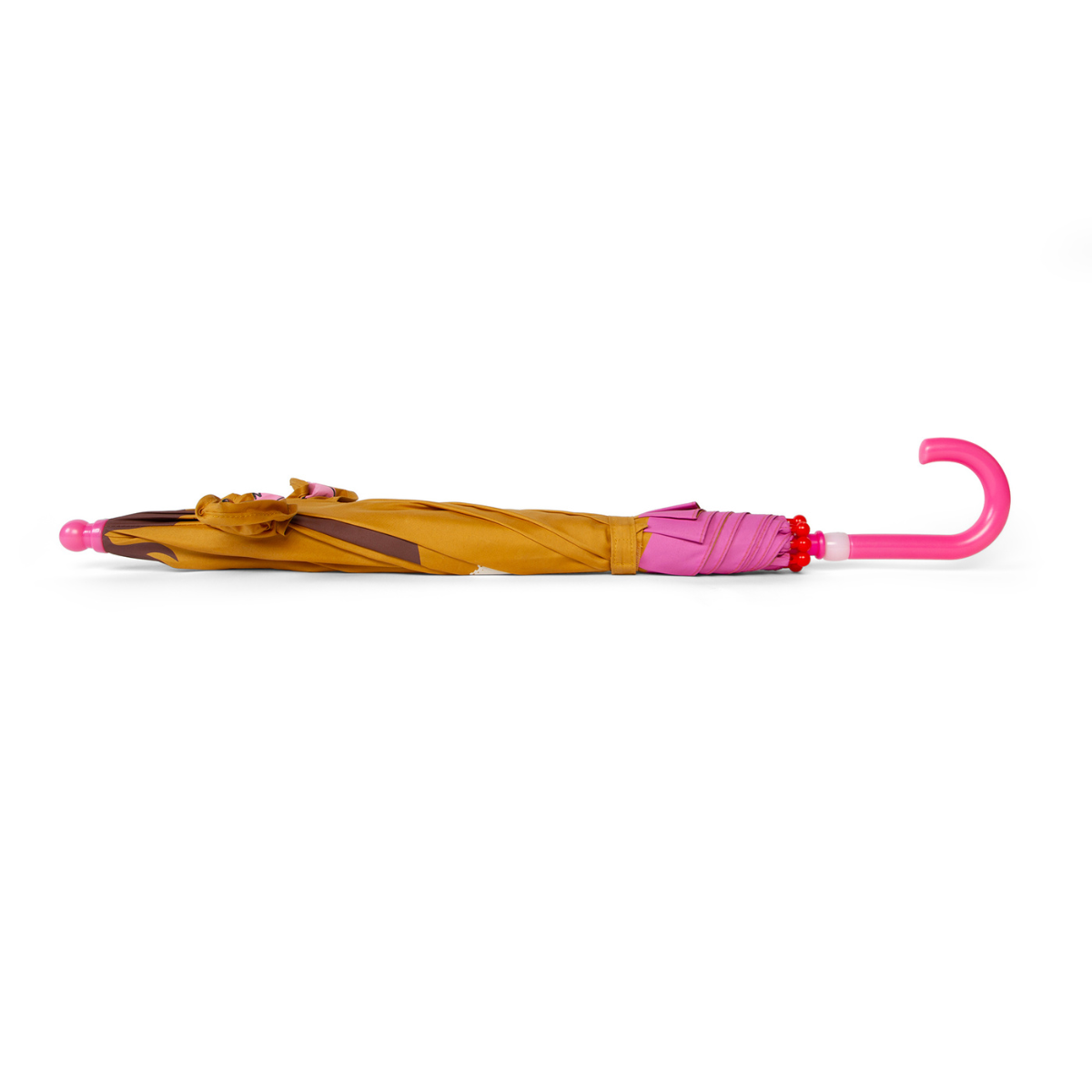 Umbrella with a pink handle and brown canopy on a white background